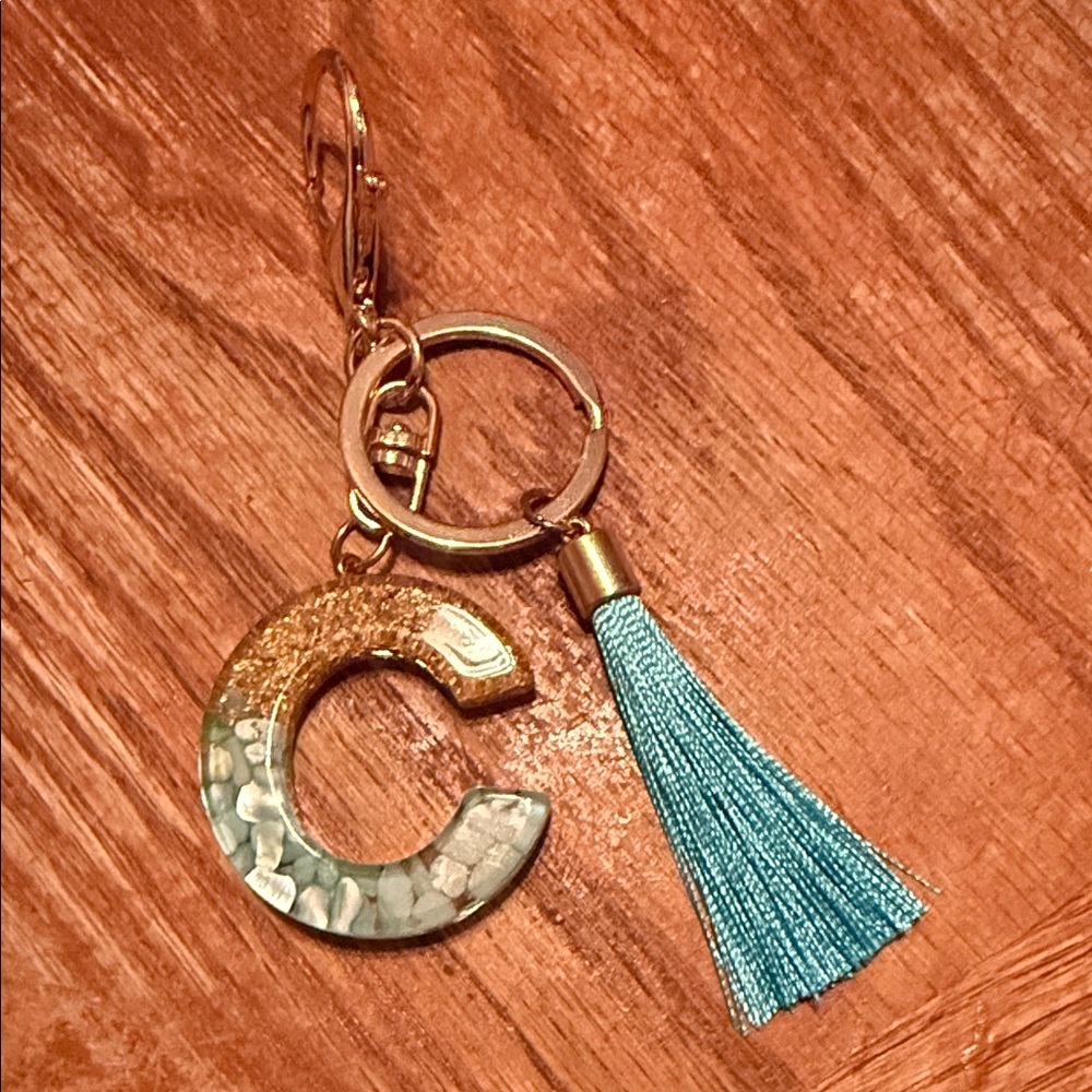Initial C Gold and Turquoise Tassel Keychain
